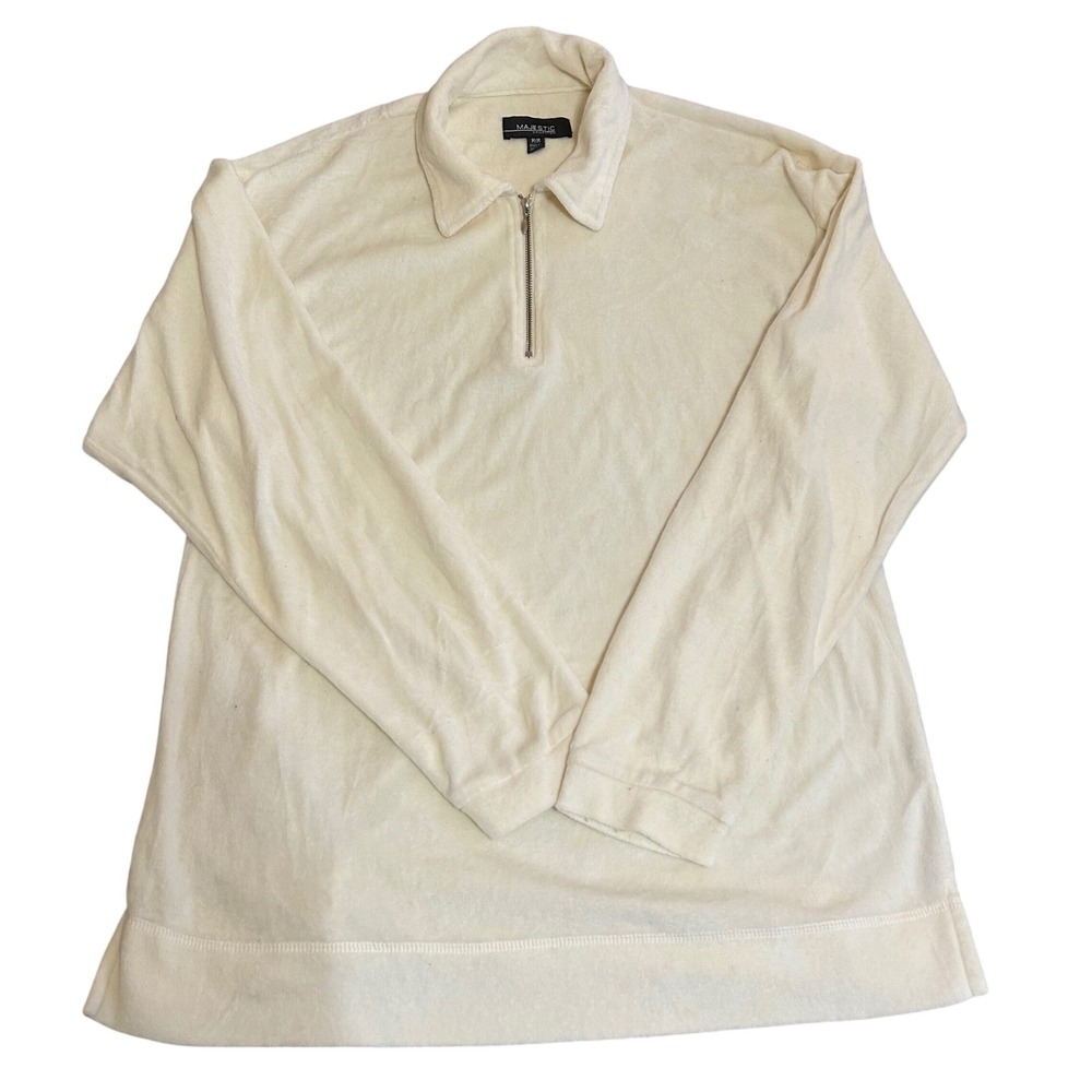 Majestic Collection Mens Cream Terry Cloth Quarter Zip Pullover Shirt Size M